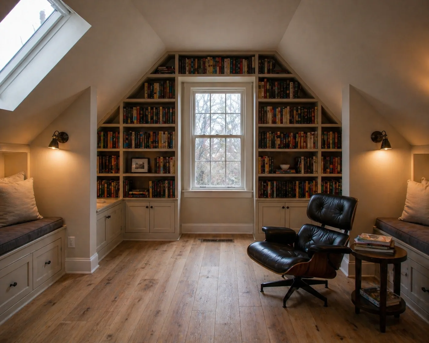 Attic library Ottawa with built-in bookshelves and reading nook